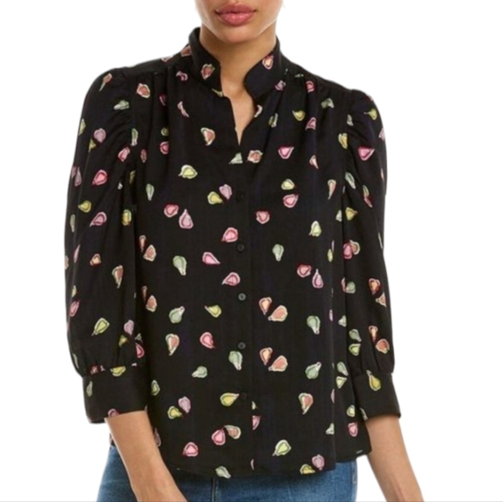 NIC+ZOE Party Pears Printed Button Up Shirt Plus Size Black Multi 3/4 Sleeve